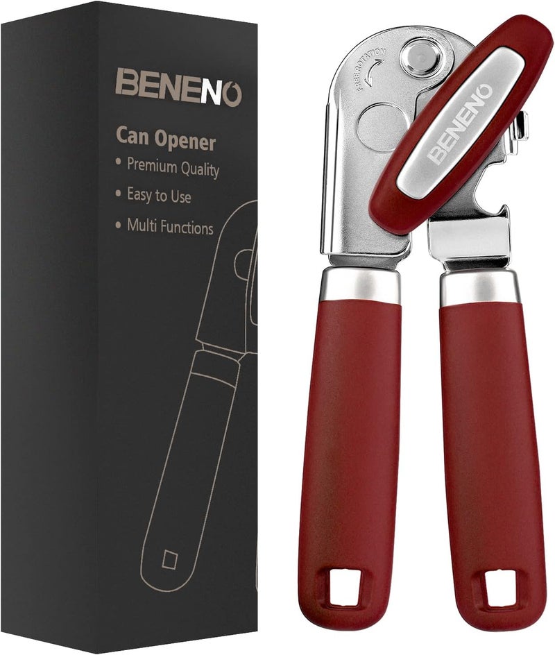 Beneno Heavy Duty Hand Can Opener Manual with Magnet, Durable Sharp Carbon Steel Blade Smooth Cutting, Big Effort-Saving Knob & Soft Grip Handle, Multifunctional Kitchen Tool with Bottle Opener, Red - Image 1